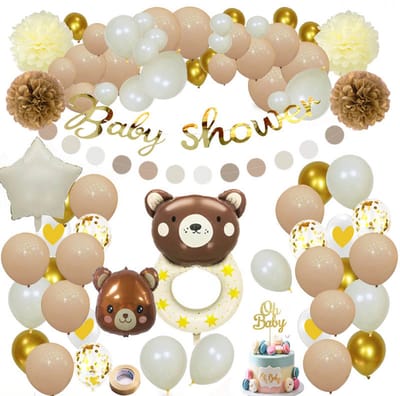 Joya Party® Babyshower Versiering Teddybeer | Baby decoratie Beren | Versier pakket Teddy | Ballonnen Slinger Beige, Gebroken Wit en Bruin | Geboorte Versierpakket Babyshower Beige Beer