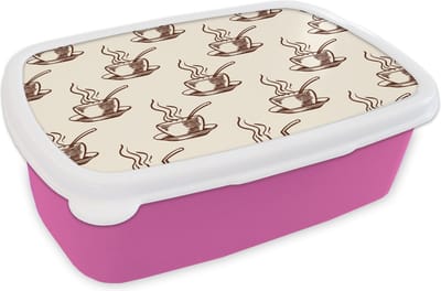 Broodtrommel Roze - Lunchbox - Brooddoos - Patronen - Vintage - Koffie - 18x12x6 cm - Kinderen - Meisje