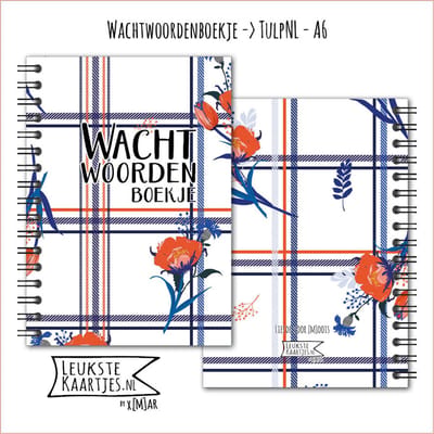 LeuksteKaartjes.nl by xMar - Wachtwoordenboekje A6 - TulpNL No:01 (Wachtwoorden - Geruit met bloemen en tulpen Nederlands, blauw/oranje)