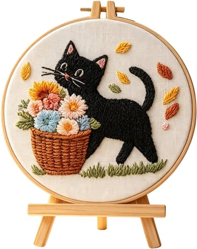Untamed - PREMIUM Borduurpakket Volwassenen – Borduren – Creatieve hobby – Ontspanning Thuis – Cadeau idee – Compleet pakket met extra’s – Echte HOUTEN borduurring (geen plastic) – DIY decoratie – Kat – Bloemen – Herfst – Midnight Mischief