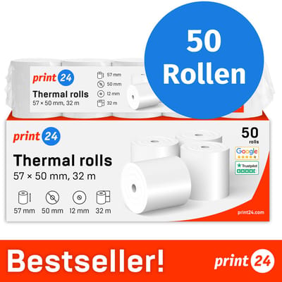 NIEUW: print24 Thermische Rollen / Kassarollen, 50 Rollen, 57mm x 50mm x 12mm, 32m, Testwinnaar, PEFC-gecertificeerd, BPA-vrij, voor EPSON, IBM e.a.