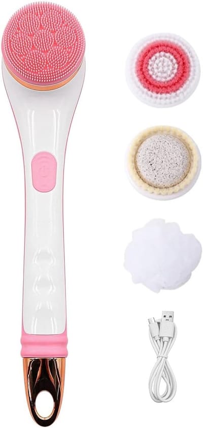 Elektrische Rugschrobber met Lange Handgreep en 4 Borstels - Automatische Silicone Doucheborstel voor Diepe Reiniging en Ontspanning - Roze