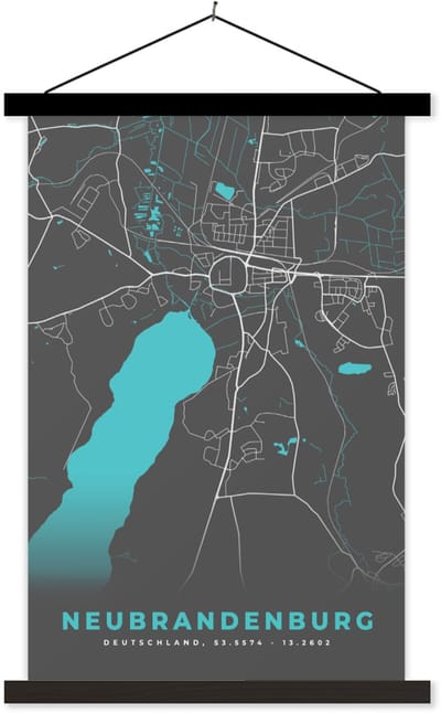 Posterhanger incl. Poster 60x90 cm - Schoolplaat - Duitsland – Blauw – Neubrandenburg – Stadskaart – Kaart – Plattegrond - Textielposter - Zwarte latten - Stadskaart