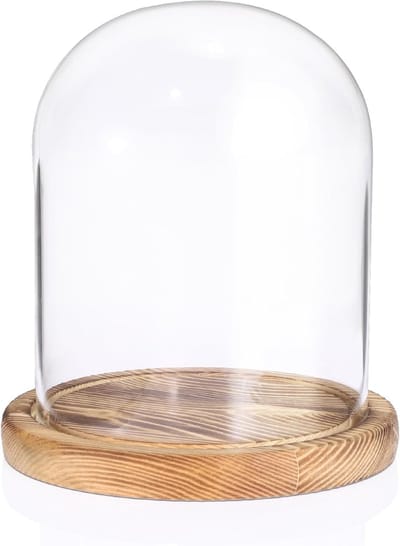 Glazen Koepel - Decoratieve stolp - Stoffen beschermen - Natuurlijk houten - 14.5x17CM - Transparant