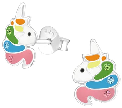 Joy|S - Zilveren eenhoorn oorbellen - 7 x 10 mm - multicolor - unicorn oorknoppen - kinderoorbellen