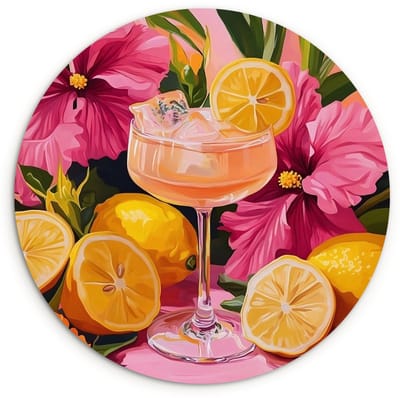 WallCircle® Wandcirkel 120x120 cm - Muurcirkel Drink - Bloemen - Yellow - Muurdecoratie woonkamer - Wanddecoratie slaapkamer - Kamer decoratie accessoires - Ronde schilderijen XXL