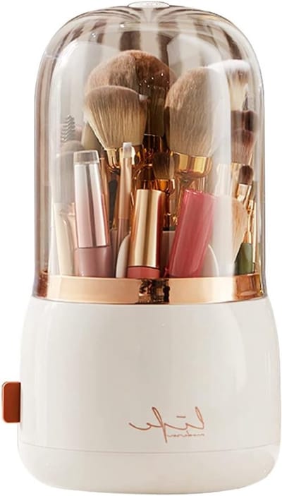 Make-up Organizer met 360 Graden Draaifunctie en Stofdichte Deksel - Acryl Opslag voor Lippenstift, Oogschaduw en Kwasten in Badkamer of Slaapkamer (Wit)