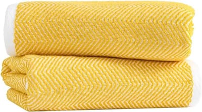 Omgoods - Set van 2 Jacquard Gestreepte Handdoeken - 100% Katoen - Geel/Wit