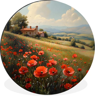 WallCircle - Wandcirkel - Muurcirkel - Klaprozen - Rood - Heuvels - Landschap - Aluminium - Dibond - 30x30 cm - Binnen en Buiten