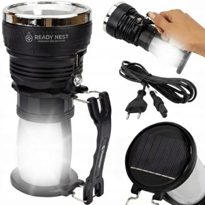 VCTparts® ReadyNest Solar LED Handlamp Zaklamp Lantaarn met 4 Functies – Oplaadbare Ronde Noodlamp Zonnepaneel of Stekker