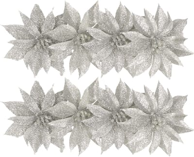 Kerstboomversiering Bloemen - 8x stuks - 9 cm - zilver glitter - op clip