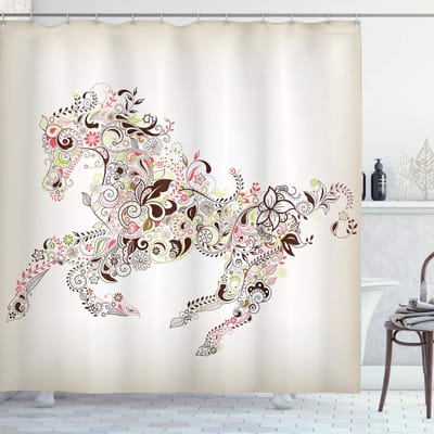ABAKUHAUS Abstrakt Douchescherm – Bloemig Paard Paisley – 175x200 cm – Groen/Bruin/Roze