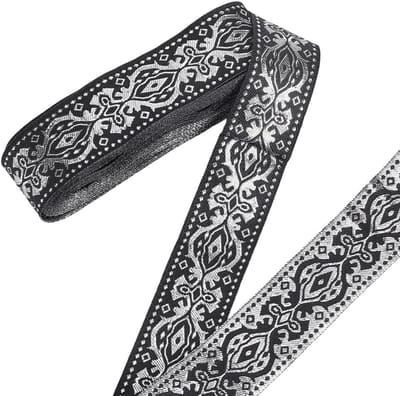Jacquard Band Zwart Zilver 7.66 Yard/7 Meter Boho Etnisch Bloemenlint 33mm Breed Polyester Borduurflat voor DIY Decoraties en Kledingaccessoires