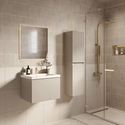 LOMAZOO Badmeubelset Greige 60 cm - Wastafel Wit - Badkamermeubel set Beige Grijs - Wastafelmeubel - Badkamerkast hoog [SORRENTO]