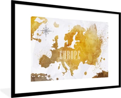 Poster in lijst - Fotolijst 90x60 cm - Posters - Wereldkaarten - Europa - Goud - Posterlijst zwart - Decoratie - Wanddecoratie woonkamer - Muurdecoratie slaapkamer