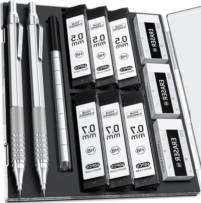 Set van 2 metalen mechanische potloden met 0.5mm en 0.7mm, inclusief etui, 360 HB vullingen en 12 gummetjes voor kunst en schrijven