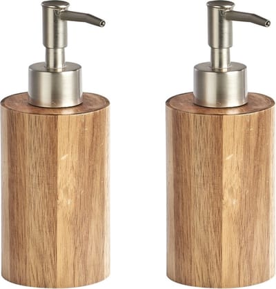 Zeller zeeppompje/dispenser - 2x - acacia hout - D7 x H18 cm
