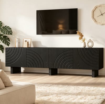 STILVORA Tv-Meubel - Modern Lowboard Met 4 Deuren En Opbergruimte - Voor Woonkamer En Televisies Tot 75 Inch - Spaanplaat - 180x40x55 Cm - Zwart