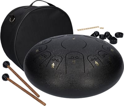 Handpan, Klankschaal, Tongue Drum, Handpan Drum, Regen Drum, Muziek Instrument - Met drumsticks en tas - Met mooi windpatroon - 29cm / 11,45 inches - Zwart