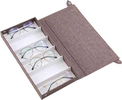 Brillenbox met 6 Vakken voor Zonnebrillen en Accessoires, Flip Top Ontwerp, Handige Brillen Organizer 38 x 17 x 4 cm (Koffie) - Ideaal voor Opbergen en Bescherming