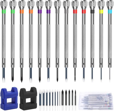 13-delige professionele horlogeschroevendraaierset - Miniatuur precisiegereedschapset voor brillenreparatie - Inclusief 13 reservemesjes (0,6-2,0 mm) - Geschikt voor brillen, zonnebrillen en horloges - 2 demagnetiseerders