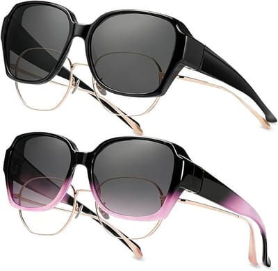 Overzet Zonnebril Groot Model - Oversized Zonnebril voor Dames - Gepolariseerd - UV400 - Set van 2 Fit-over Zonnebril - Clip-on - Retro Rond Montuur - Rijbril - Zwart en Roze Gradiënt