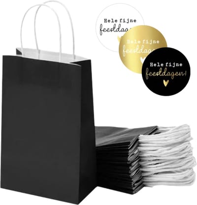 50 x kleine papieren cadeautasjes 18x8x22 cm zwart + stickers « Hele fijne feestdagen » Kersttassen met handvat Kersttasje Kerst verpakking draagtassen