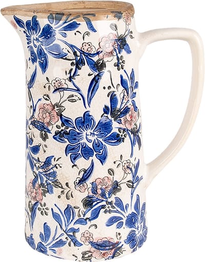 Clayre & Eef Decoratie Kan 21x14x26 cm Beige Blauw Keramiek Bloemen