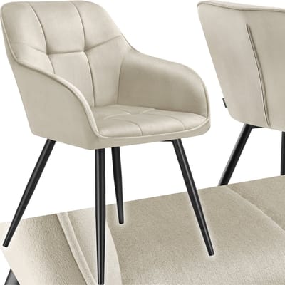 tectake® Eetkamerstoel Marilyn - Gestoffeerde Stoel in Fluweellook - Stikpatroon - Zwarte Stoelpoten - Ergonomische Keukenstoel - Met Doorlopende Rugleuning en Armleuningen - Stoel voor Woonkamer, Eetkamer, Slaapkamer - Creme