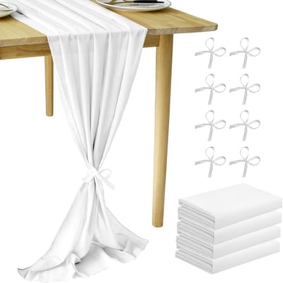 Tafellopers, wit, 70 x 300 cm, mousseline, decoratieve stof, boho, voor bruiloftsdecoratie, tafeldecoratie, verjaardag, doop, babyshower