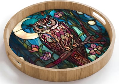 Dienblad rond 40x40 cm - Schootdienblad hout - Uil - Mozaïek - Maan - Nacht - Borrelplank rechthoek - Plateau houten dienbladen