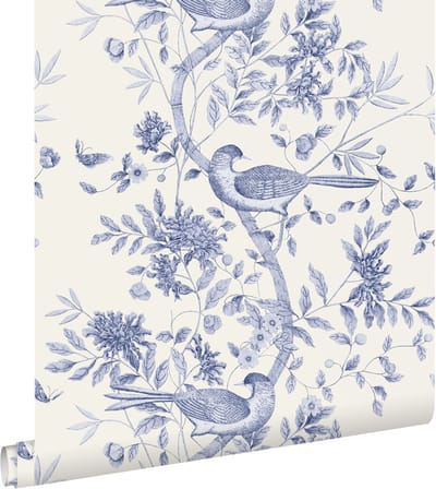 ESTAhome behang bloemen en vogels delfts blauw - 50 x 900 cm - 132115