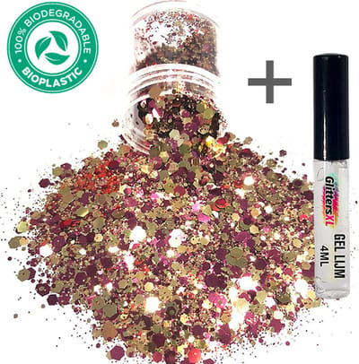 GlittersXL - Chunky Glitters (Goud Roze) + Glitter Huid Lijm [Volume 8g - Festival Jewels Glitter Outfit Lichaam en Gezicht - Make-up Diamond Dots Face Body - Diamantjes Strass Steentjes - Kinderen Volwassenen Dames Makeup - Glitter Tattoo Set]