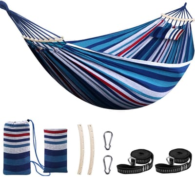 Hangmat voor maximaal 660 lbs stoffen hangmat 9 x 5 voet zachte draagbare boomhangmatten camping met afneembare spreider bar kussen 2 sterke singels 2 karabijnhaken Indoor Outdoor