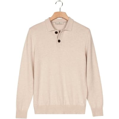 Thomas Maine Trui Polo Pullover Button Collar Fine Lambswool Single Knit Kitt / male
