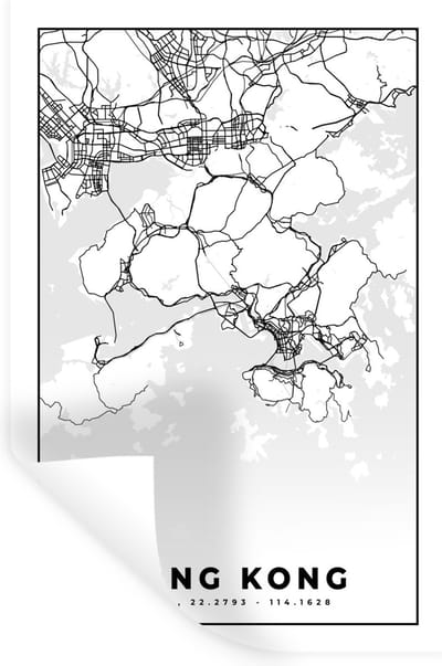 Muurstickers - Sticker Folie - Kaart - Hong Kong - Zwart Wit - Stadskaart - Plattegrond - 20x30 cm - Plakfolie - Muurstickers Kinderkamer - Zelfklevend Behang - Zelfklevend behangpapier - Stickerfolie
