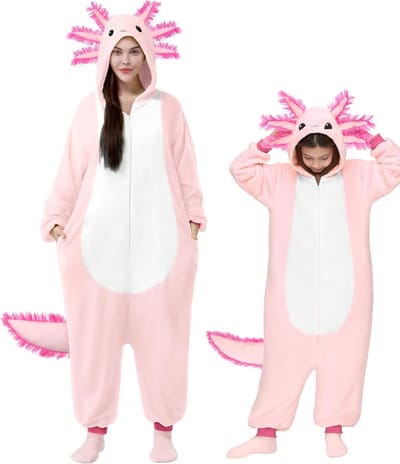 Roze Axolotl Pyjama Kostuum voor Volwassenen - Onesie met Capuchon en Staart voor Cosplay en Halloween