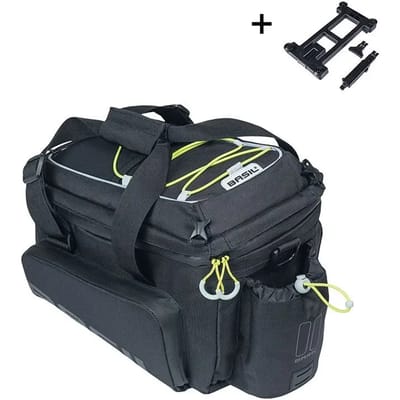 Basil Miles XL Pro Trunkbag 9-36L Black/Lime Waterdicht Met MIK Adapterplaat Uitklapbare Zijtassen Helmhouder Bidonvak E-bike