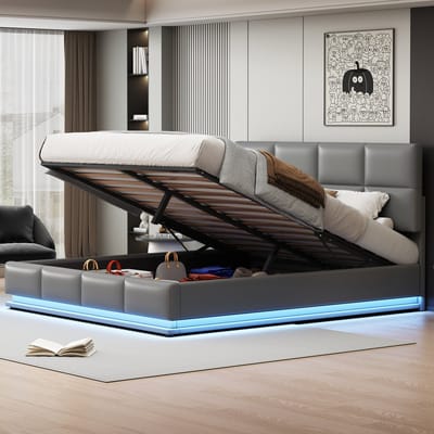 STILVORA Gestoffeerd Bed 180x200 cm - Kunstleer met LED (16 Kleuren) - Hydraulische Lift Opbergruimte - Voor Slaapkamer - Cementgrijs - Zonder matras