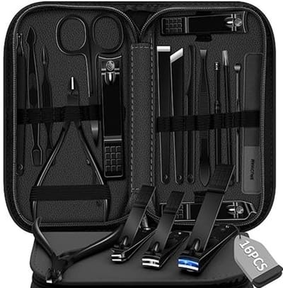 Thuys Manicureset 16-delig – Professionele Manicure & Pedicure Set – Roestvrij Staal Nagelknipperset met Luxe Draagbaar Leren Reisetui – Voor Mannen & Vrouwen – Zwart