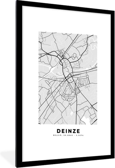 Fotolijst incl. Poster Zwart Wit- Kaart – Plattegrond – Stadskaart – Deinze – België – Zwart Wit - 60x90 cm - Posterlijst
