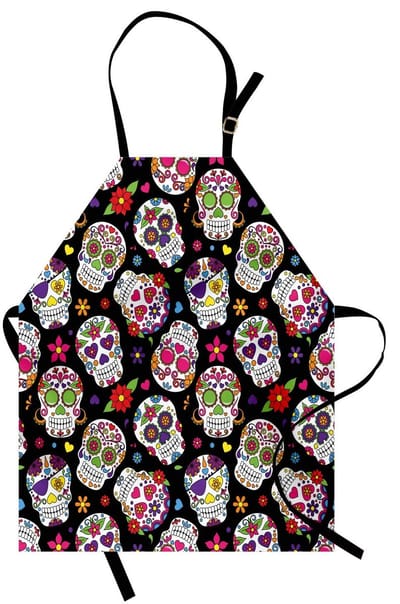ABAKUHAUS Suikerschedel Kookschort, Feestelijk Mexico-ritueel-figuren-maskerontwerp, Druk op zwarte achtergrond, In hoogte verstelbaar, Heldere kleuren zonder vervaging, Magenta