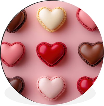 WallCircle - Wandcirkel - Muurcirkel - Macarons - Hartjes - Kleurrijk - Roze - Aluminium - Dibond - 140x140 cm - Binnen en Buiten