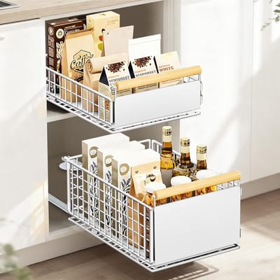 Uittrekbare Keukenlade Set van 2, Telescopisch Systeem zonder Boren, Organisator voor Diepe Kasten tot 25 kg, Ideaal voor Keukenopslag en Ruimtebesparing, Wit, 39.5x23.5x19/11cm