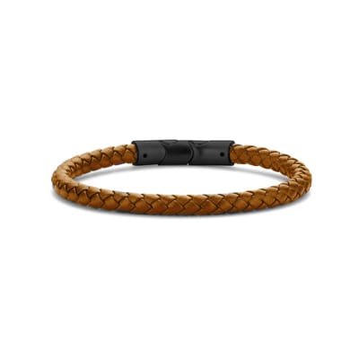 Frank 1967 7FB-0664 Gevlochten Lederen Armband - 6,8mm - 21cm - Leer - Staal - Camel - Zwart