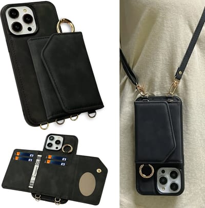 Casemania Hoesje Geschikt voor Apple iPhone 15 Pro - Charcoal Gray - Luxe Telefoonhoes met Koord - Wallet Case met Spiegeltje en Pasjeshouder - Crossbody Draagbaar Alles-in-één Back Cover
