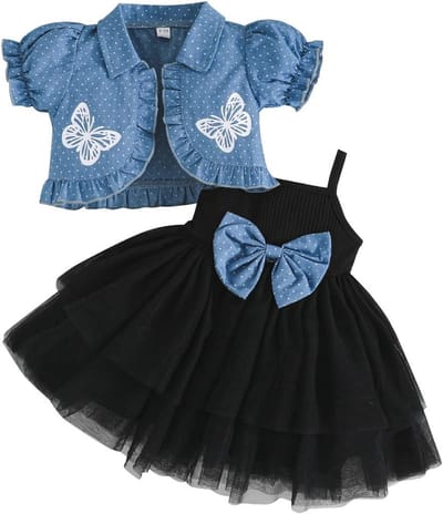 Meisjesjurk met Gebreide Jas Set van 2 Stuks - Mouwloos, Tule, Tutu, Korte Mouwen en Polka Dot