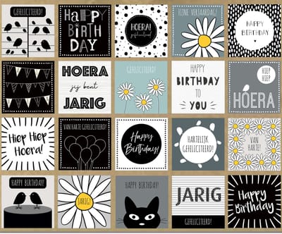 20x hippe verjaardagskaarten / felicitatiekaarten / wenskaarten / set kaarten met kraft enveloppen | jarig / verjaardag