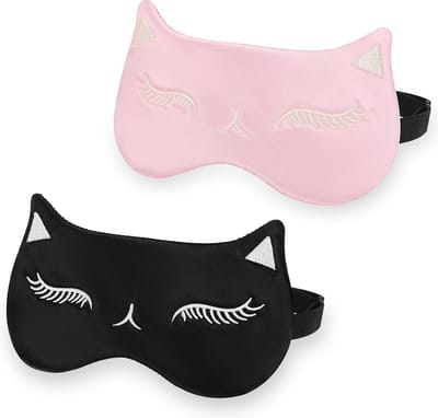 Zijde Zwart Oogmasker - 2 Stuks voor Vrouwen, Schattig Katten Slaapmasker met Verstelbare Band voor Jongeren en Mannen, Ideaal voor Slaap en Reizen