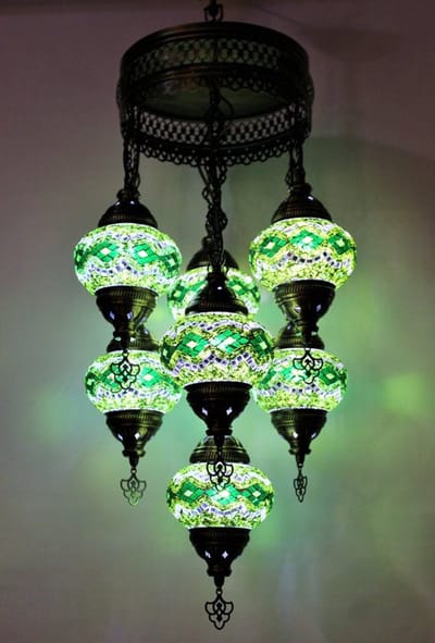 Turkse hanglamp - mozaïek glas groen - 7 bollen - handgemaakt en uniek